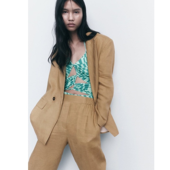 ❌SOLD❌ ZARA 100% Linen pants Tapered High waist Elastic - Picture 5 of 16